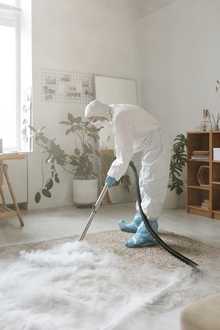 Close-up of a black vacuum cleaner head actively cleaning an intricately patterned, beige and pastel-colored carpet in a domestic setting, with a visible metal wand attached. The carpet surface appears clean and slightly textured, with natural lighting illuminating the area. In the background, part of a person's legs wearing dark pants and white shoes is visible, indicating active carpet maintenance. The scene conveys professional surface cleaning as provided by Carpet Cleaning E5, aligned with interior hygiene and deep cleaning practices in a residential space located on Chatsworth Road E5. The environment emphasizes routine carpet sanitisation and dust removal to maintain a fresh, well-maintained home interior.